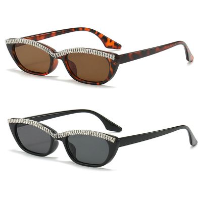 helena Small Cute Cat Eye Sunglasses for Women Trendy Shiny Bling Diamond Rectangular Rhinestone Sun Glasses (black+leopard)