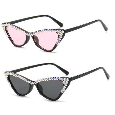Diamond Cat Eye Sunglasses Women Retro bling Rhinestone Sun Glasses Crystal Sparkling Triangle Luxury Jeweled Eyewea (black+pink)