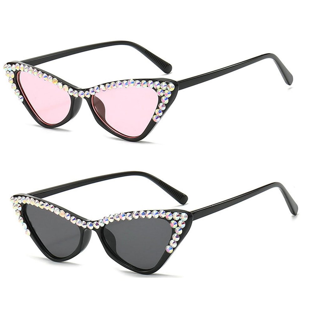 Diamond Cat Eye Sunglasses Women Retro bling Rhinestone Sun Glasses Crystal Sparkling Triangle Luxury Jeweled Eyewea (black+pink)