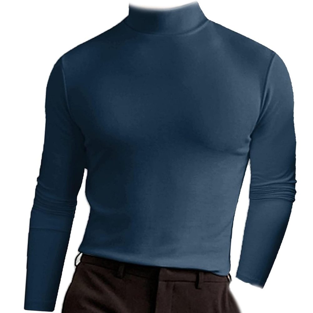 ACE4U Mens High Neck Slim Fit Long Sleeve T-Shirt, Turtleneck T-Shirts Long Sleeve Pullover, Thermal Underwear Top (Color : Dark Blue, Size : Medium)