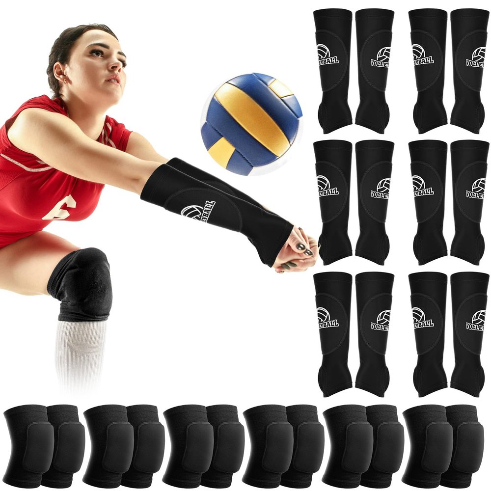 Breathffy 6 Pairs Volleyball Knee Pads and 6 Pairs Padded Passing Sleeves Volleyball Arm Sleeves Padded, Protective Knee Brace Forearm Elbow Sleeve Train Accessories(Black)