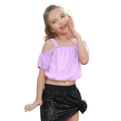 Perfashion Girls Puff Short Sleeve Shirts Cute Chiffon Swiss Dot Purple Crop Top Solid Tunic 12-13 Years