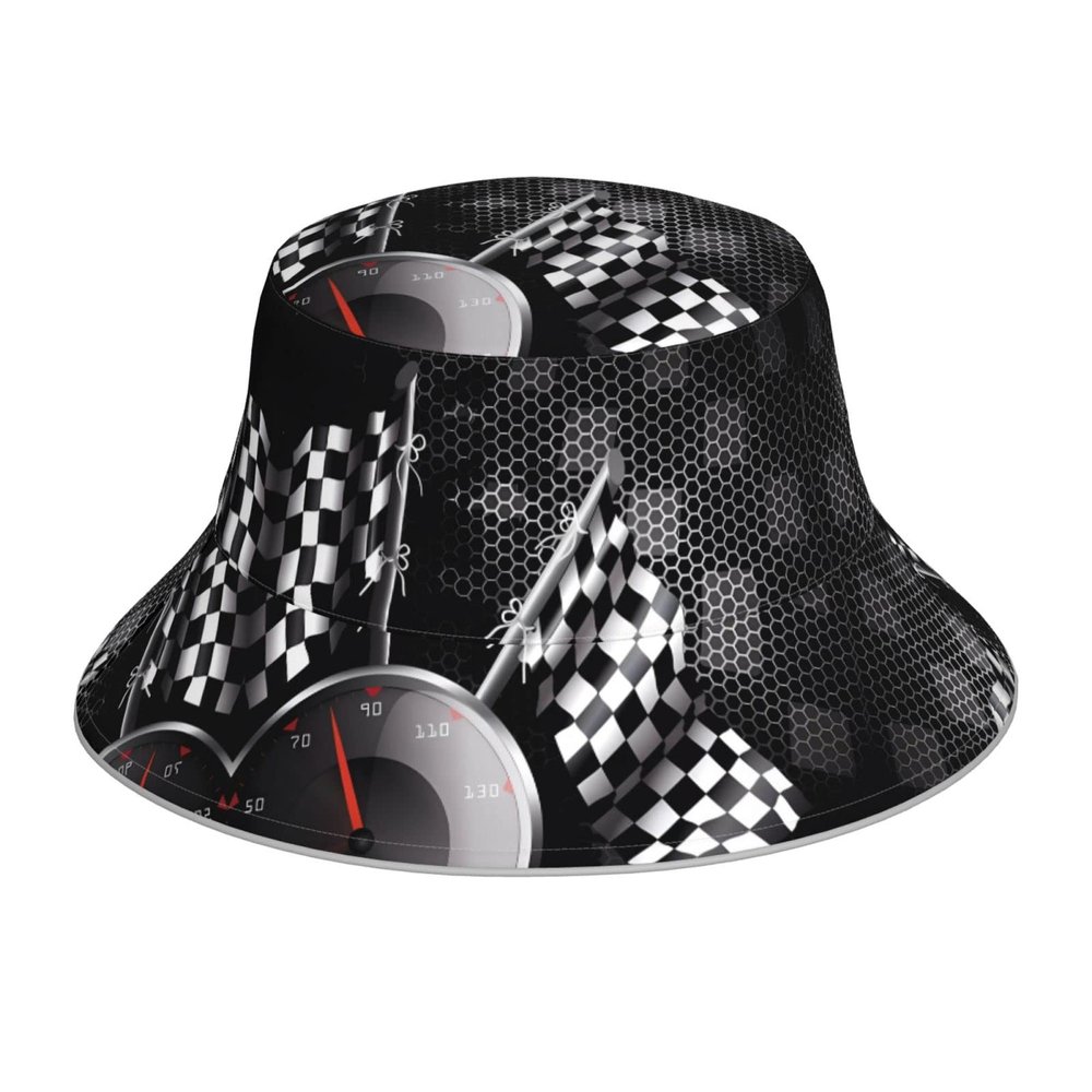 BROLEO Checkered Flag Racing Reflective Bucket Hat - Lightweight, Foldable Outdoor Sun Protection Hat Black