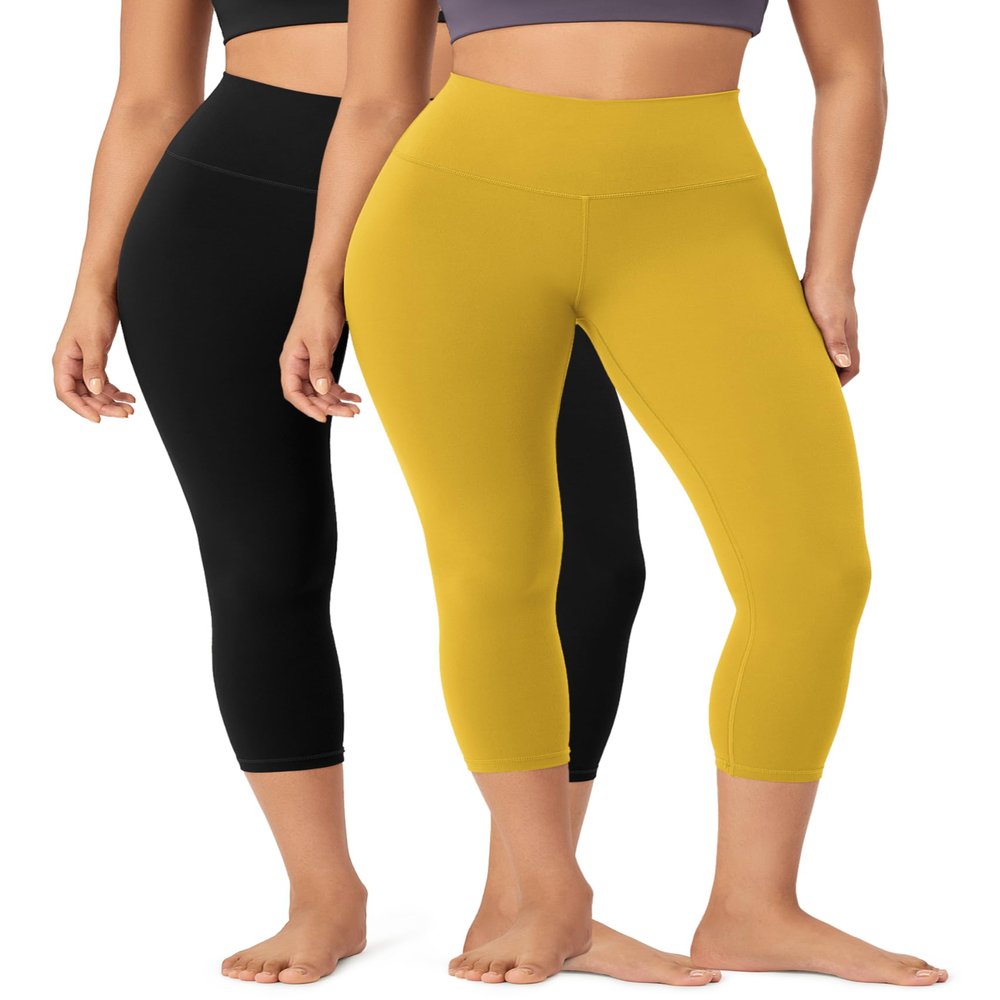 ODODOS 2-Pack Buttery Soft Lounge Yoga Capris for Women 23" High Waist Non See Through Cropped Leggings, Black+Mango Mint, XX-Large