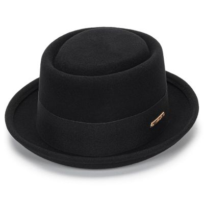 Mens Flat Top Porkpie Hat Bowler Hats - Black Wool Hat with Band(S-M)
