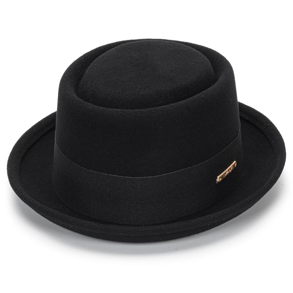 Mens Flat Top Porkpie Hat Bowler Hats - Black Wool Hat with Band(S-M)