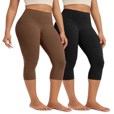 ODODOS 2-Pack Buttery Soft Lounge Yoga Capris for Women 19" High Waist Capri Leggings, Black+Brunette, Small