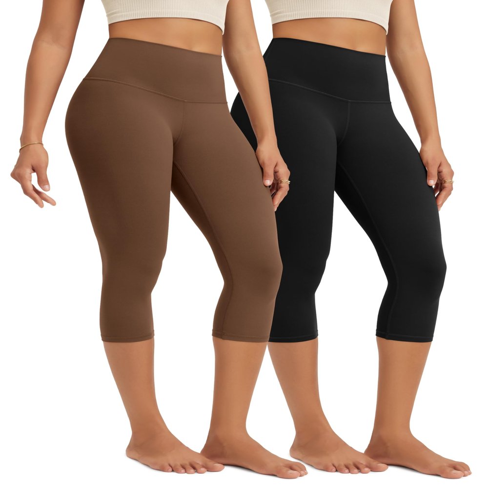 ODODOS 2-Pack Buttery Soft Lounge Yoga Capris for Women 19" High Waist Capri Leggings, Black+Brunette, Small