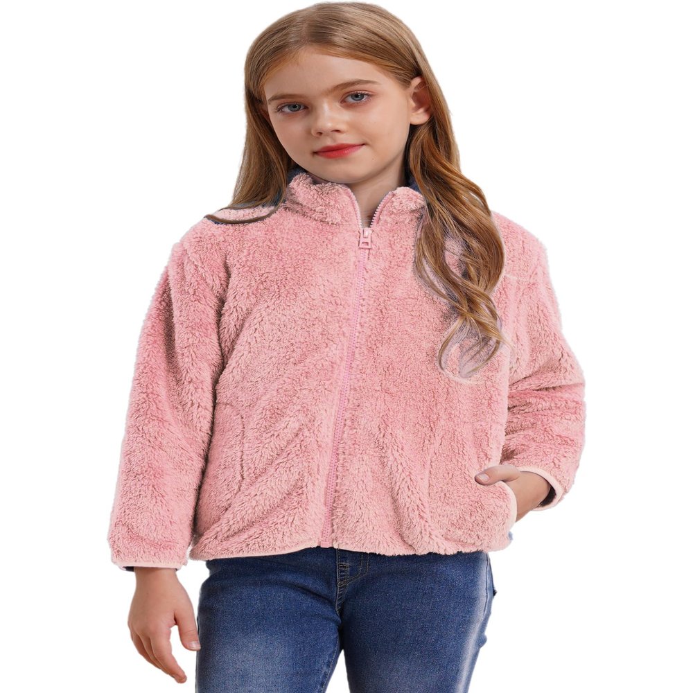 Xnihocha Kids Girls Fleece Jacket Coat Full-Zip Turtleneck Tops with Pocket Fall Winter Outerwear Pink 2-3 Years