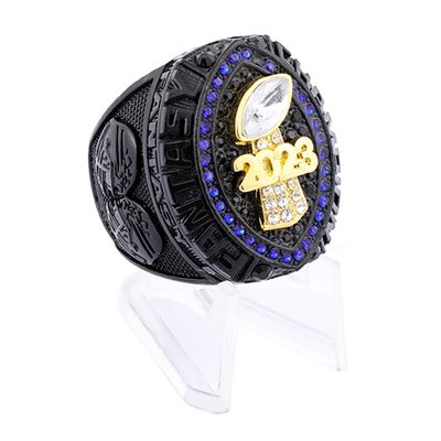 2023 Fantasy Football Championship Ring | Black Gunmetal Plated Award For Fantasy Football Trophy League Winner | Color Stones (size 13, Blue Outer)