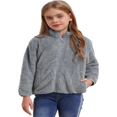 Xnihocha Kids Girls Fleece Jacket Coat Full-Zip Turtleneck Tops with Pocket Fall Winter Outerwear Grey 11-12 Years