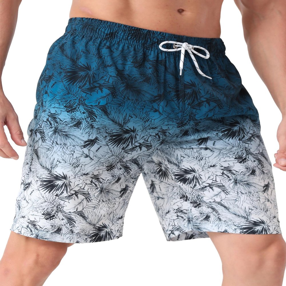 BOJIN Mens Swim Trunks Quick Dry Swim Shorts Mesh Lining Bathing Suit Swimwear Beachwear BJ307 Blue Plam 5XL