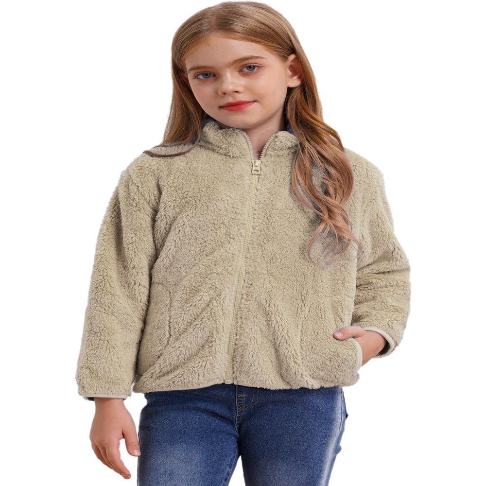 Xnihocha Kids Girls Fleece Jacket Coat Full-Zip Turtleneck Tops with Pocket Fall Winter Outerwear Khaki 2-3 Years