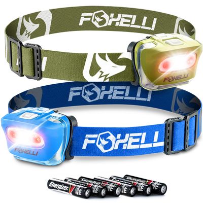 Foxelli LED Headlamp Bundle of 2 - Khaki & Blue: Waterproof, White & Red Light, Comfortable Band, 3 AAA Batteries Included