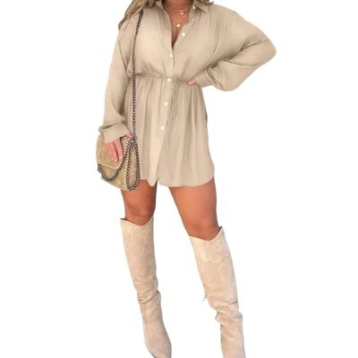 2023 Fall New Satin Dress Set Women's Button Closure Dress Long Sleeve 2 Piece Set Tie Wrap Waist Collar Dress (US, Alpha, X-Large, Regular, Regular, Apricot)