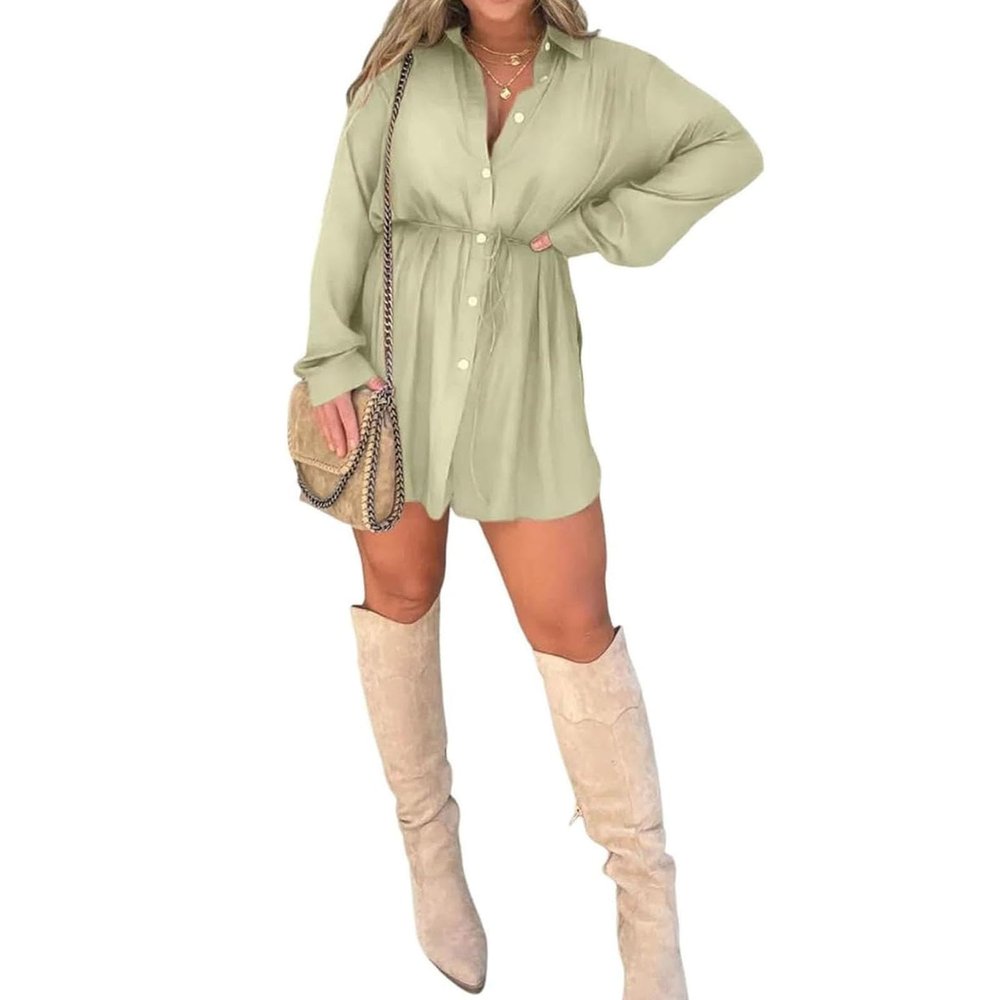 2023 Fall New Satin Dress Set Women's Button Closure Dress Long Sleeve 2 Piece Set Tie Wrap Waist Collar Dress (US, Alpha, Medium, Regular, Regular, Mint Green)