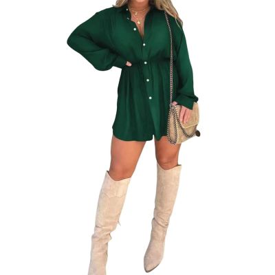 2023 Fall New Satin Dress Set Women's Button Closure Dress Long Sleeve 2 Piece Set Tie Wrap Waist Collar Dress (US, Alpha, Medium, Regular, Regular, Green)