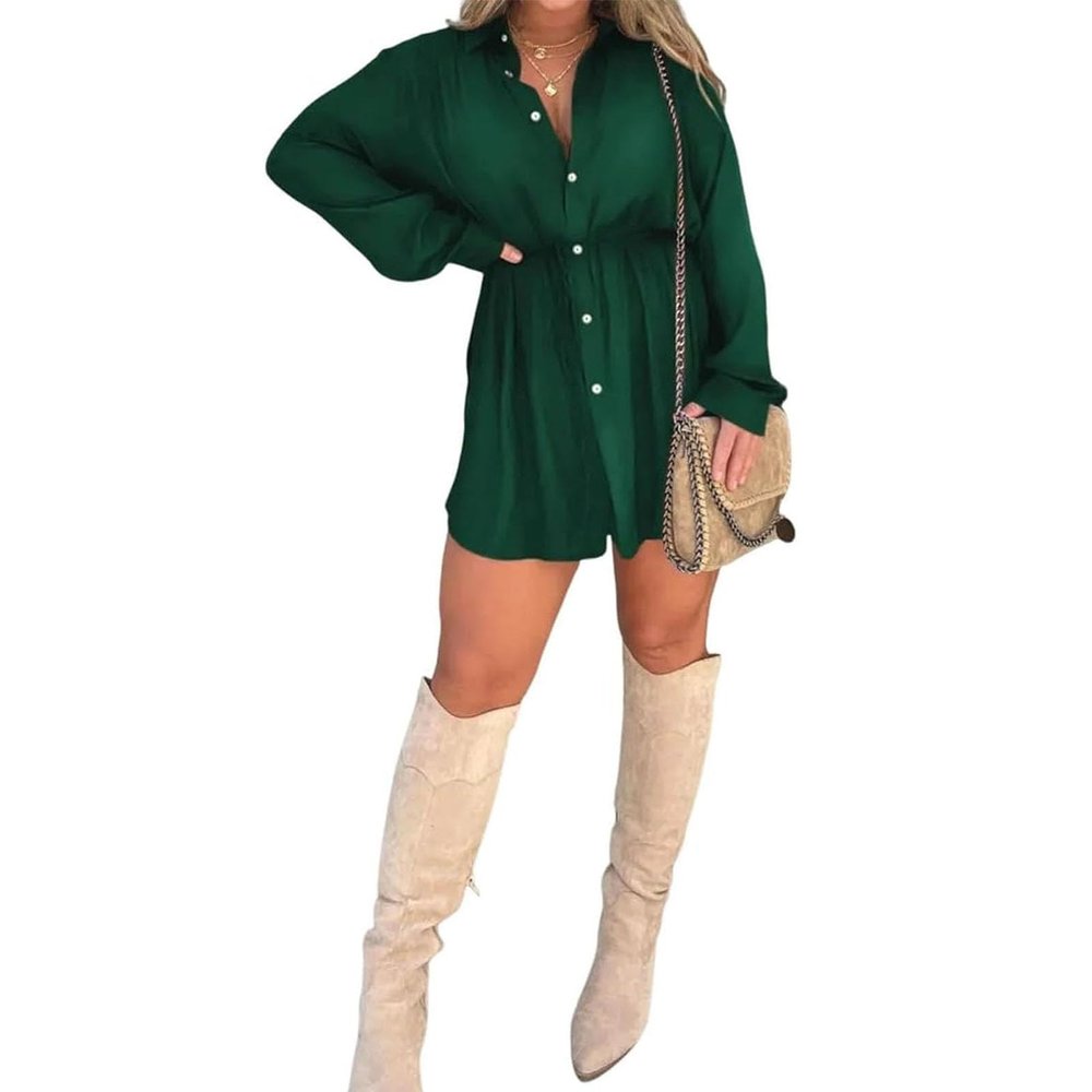 2023 Fall New Satin Dress Set Women's Button Closure Dress Long Sleeve 2 Piece Set Tie Wrap Waist Collar Dress (US, Alpha, Medium, Regular, Regular, Green)