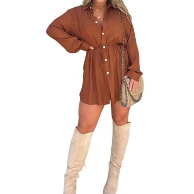 2023 Fall New Satin Dress Set Women's Button Closure Dress Long Sleeve 2 Piece Set Tie Wrap Waist Collar Dress (US, Alpha, XX-Large, Regular, Regular, Khaki)