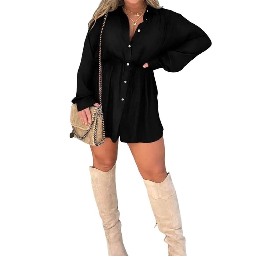 2023 Fall New Satin Dress Set Women's Button Closure Dress Long Sleeve 2 Piece Set Tie Wrap Waist Collar Dress (US, Alpha, 4X-Large, Regular, Regular, Black)