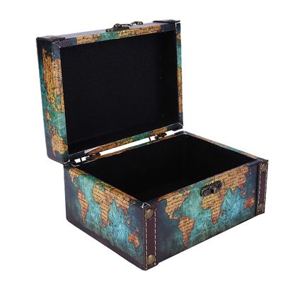 Antique Metal Buckle Jewelry Treasure Chest Wooden Box Desktop Ornaments Retro Style for Mom Mothers Day Christmas Gift Rings (2208A-06-Green Map)