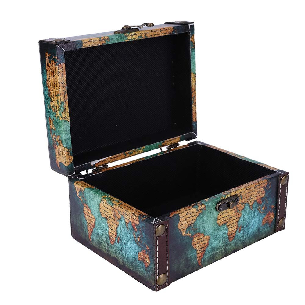 Antique Metal Buckle Jewelry Treasure Chest Wooden Box Desktop Ornaments Retro Style for Mom Mothers Day Christmas Gift Rings (2208A-06-Green Map)
