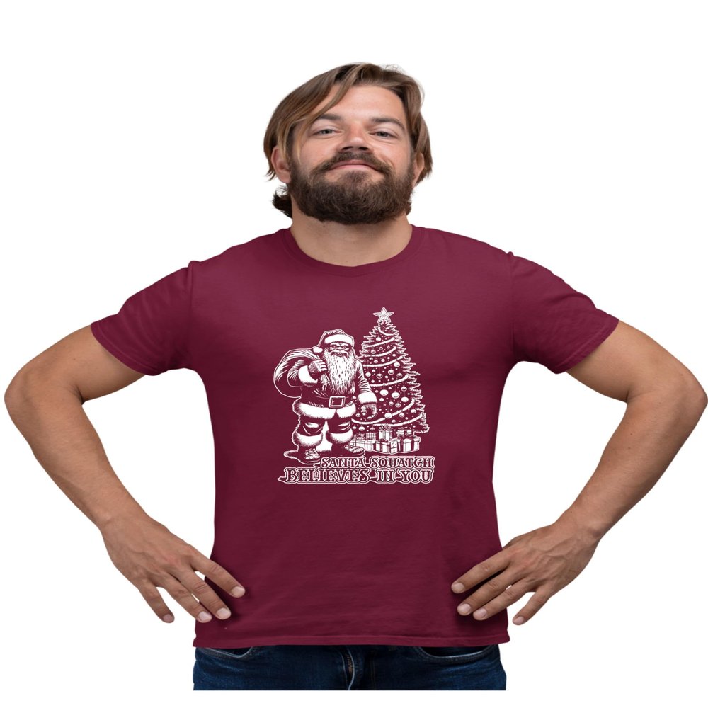 5X-Large Maroon Mens Santa Squatch Believes in You Funny Bigfoot Christmas T-Shirt