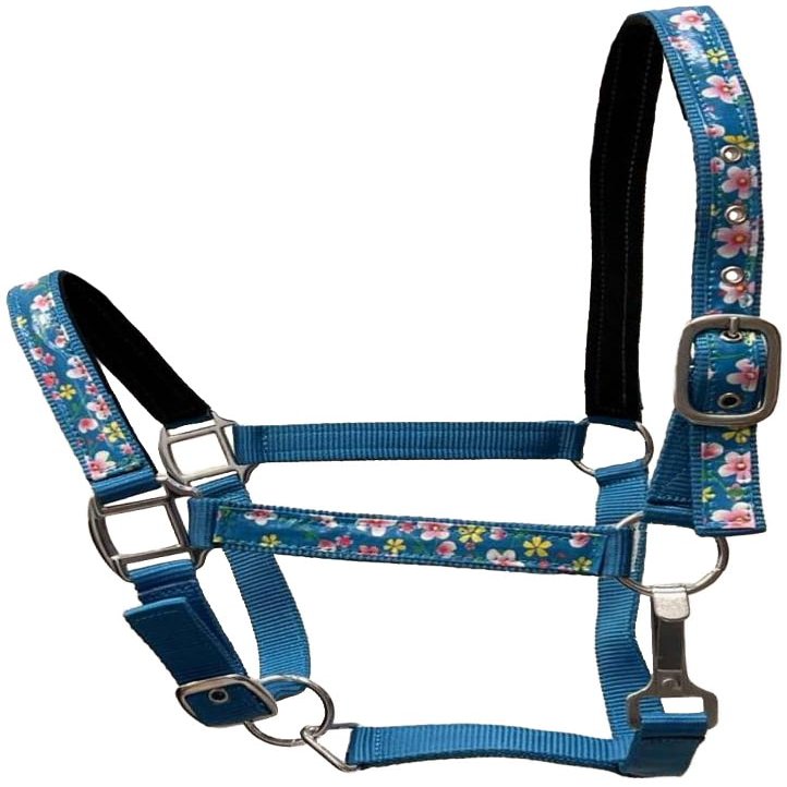 Equitem 2 Ply Nylon Horse Size Halter with Flower Design Tape Accent (Teal)