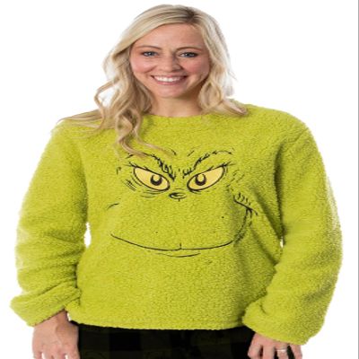 Dr. Seuss Adult Unisex Grinch Who Stole Christmas Fleece Pullover Long Sleeve Top for Women or Men (Small) Green