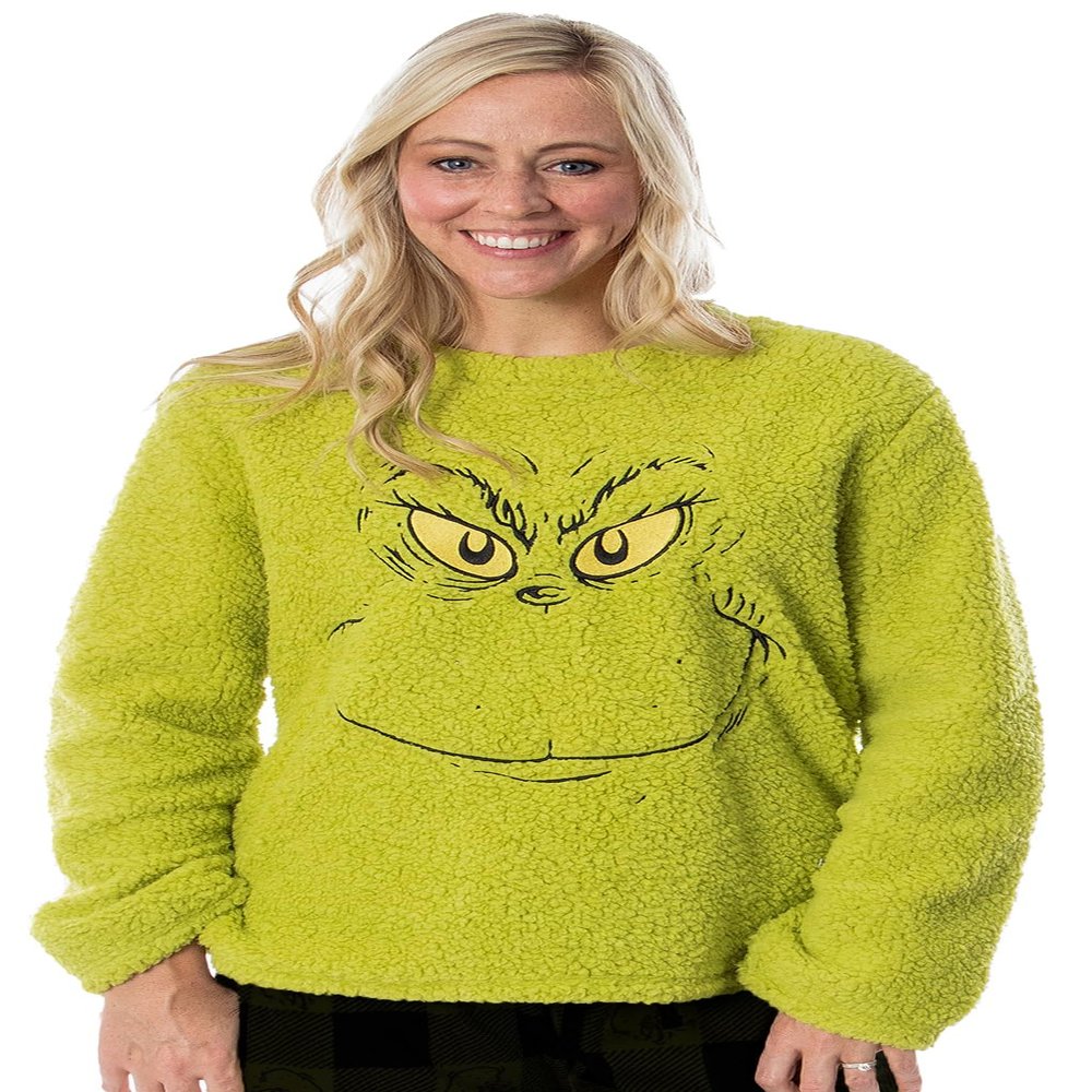 Dr. Seuss Adult Unisex Grinch Who Stole Christmas Fleece Pullover Long Sleeve Top for Women or Men (Small) Green