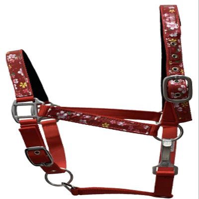 Equitem 2 Ply Nylon Horse Size Halter with Flower Design Tape Accent (Red)