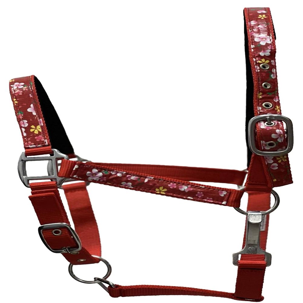 Equitem 2 Ply Nylon Horse Size Halter with Flower Design Tape Accent (Red)