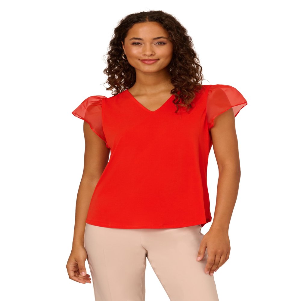 Adrianna Papell Diffusion Women's V-Neck Knit Top with Organza Flutter Sleeves, Fiery Red, M