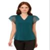 Adrianna Papell Diffusion Women's V-Neck Knit Top with Organza Flutter Sleeves, Evergreen, XL view 1