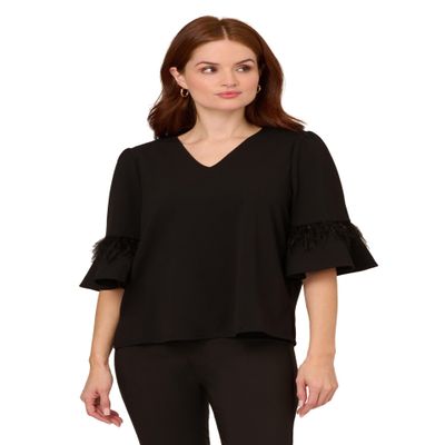 Adrianna Papell Diffusion Women's V Neck Elbow Sleeve to W/Ruffle & Feather Trim, Black, S