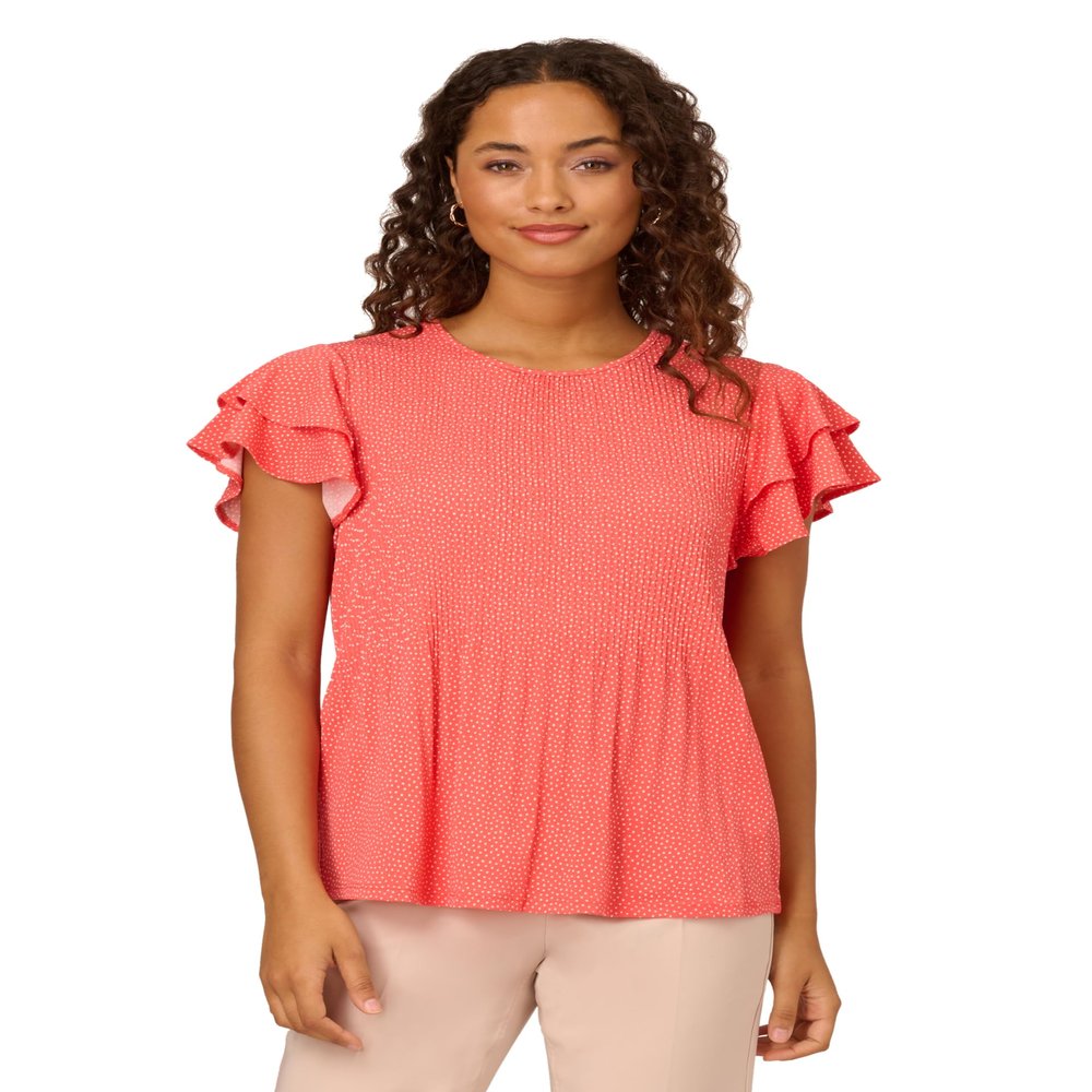 Adrianna Papell Diffusion Women's Pleated Knit Double Sleeve Top, Sugar Coral/Ivory Broken Dot, M