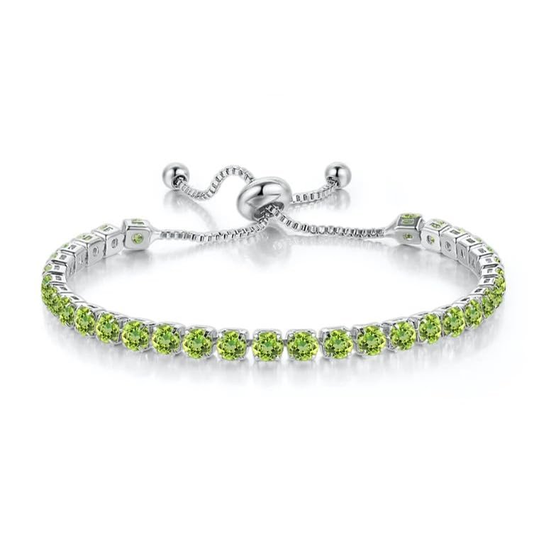 Paris Jewelry 18k White Gold Plated Round Adjustable Tennis Bracelet, Peridot Birthstone Jewelry, Gift for Women
