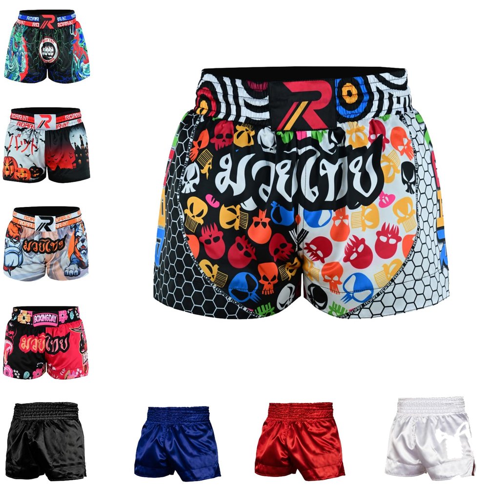ROAR-INT Kid's Muay Thai Shorts Martial Arts MMA Kickboxing Shorts for Boys Girls Boxing Trunks Shorts (US, Alpha, Large, Regular, White-Black, Regular Fit)