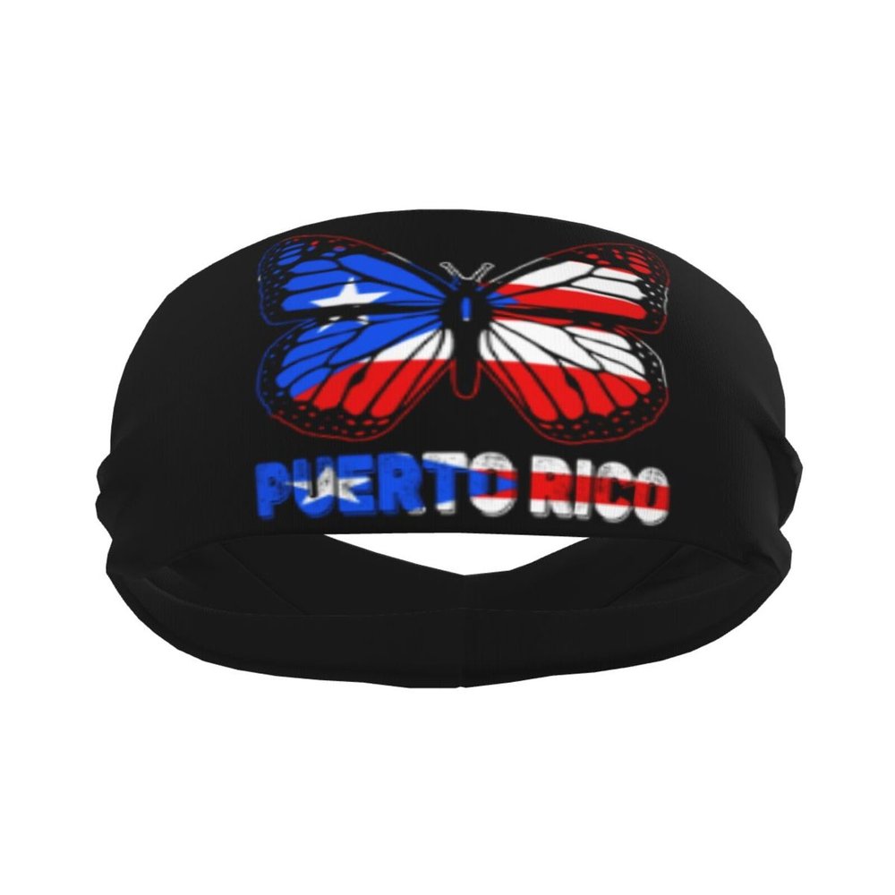 Butterfly Puerto Rico Flag Men Women Sports Sweatband Headbands Workout Hairbands for Running Basketball Tennis Yoga Fitness Athletic Elastic Moisture Wicking
