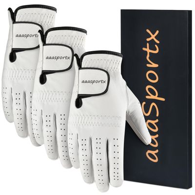 aaasportx 3 Pack Mens Golf Gloves, Durable White Cabretta Leather All Weather Golf Gloves Men (Medium, Left)