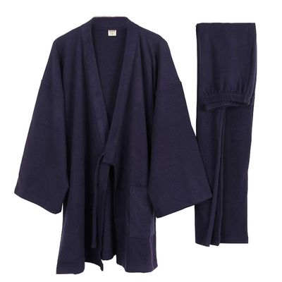 OWLONLINE Men's Japanese Kimono Velvet Pajamas Suit Plus Size (Size XL, Navy), X-Large