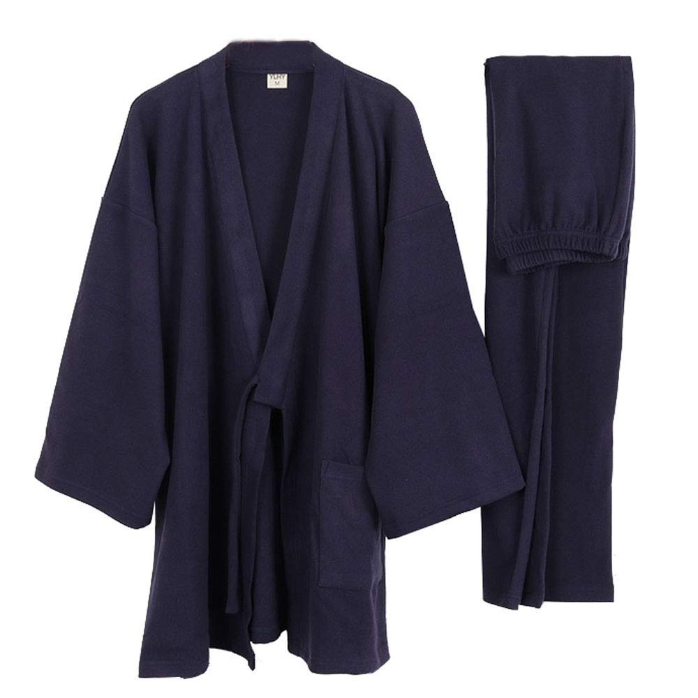OWLONLINE Men's Japanese Kimono Velvet Pajamas Suit Plus Size (Size XL, Navy), X-Large