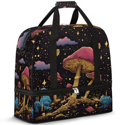 Magic Mushroom Galaxy Travel Duffel Bag with Foldable Shoe Compartment Shoulder Tote Travel Weekend Bag Sports Gym Overnight Bags