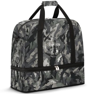 Abstract Camo Cat Travel Duffel Bag with Foldable Shoe Compartment Shoulder Tote Travel Weekend Bag Sports Gym Overnight Bags