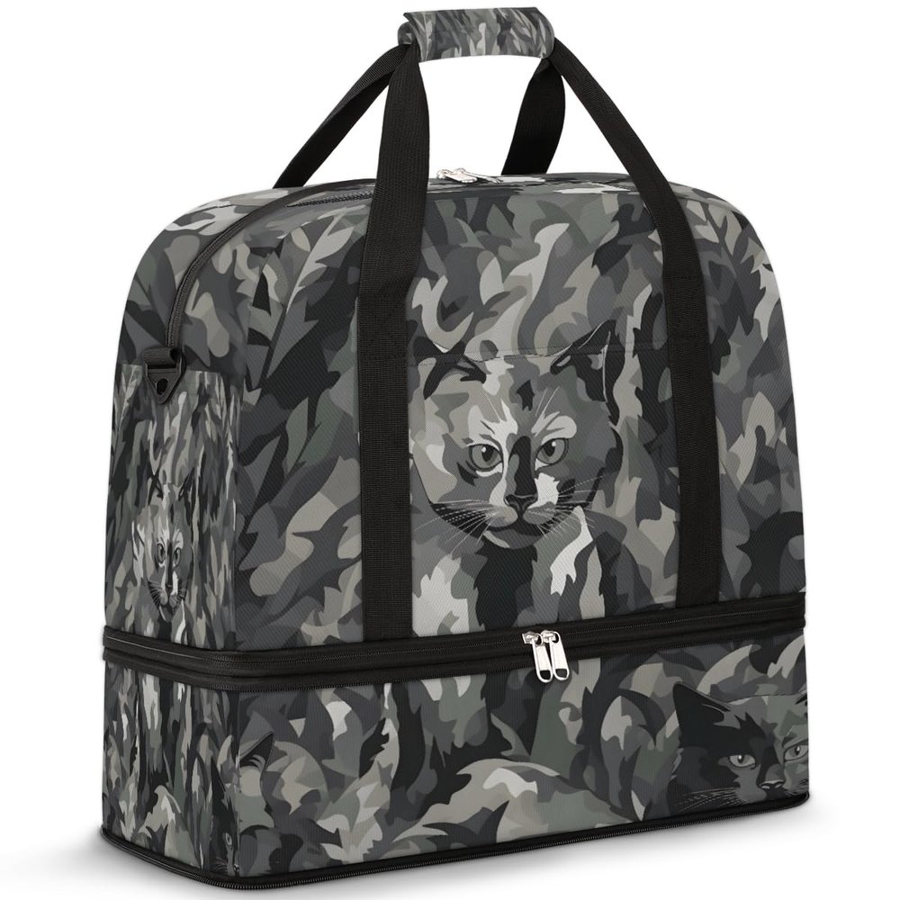 Abstract Camo Cat Travel Duffel Bag with Foldable Shoe Compartment Shoulder Tote Travel Weekend Bag Sports Gym Overnight Bags