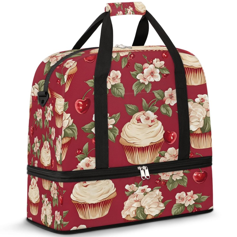 Cherries Flower Cupcake Travel Duffel Bag with Foldable Shoe Compartment Shoulder Tote Travel Weekend Bag Sports Gym Overnight Bags