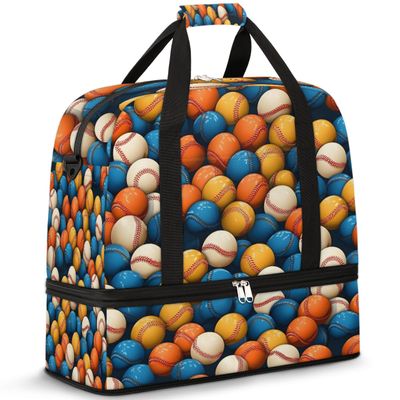 Baseball Print Ball Theme Travel Duffel Bag with Foldable Shoe Compartment Shoulder Tote Travel Weekend Bag Sports Gym Overnight Bags