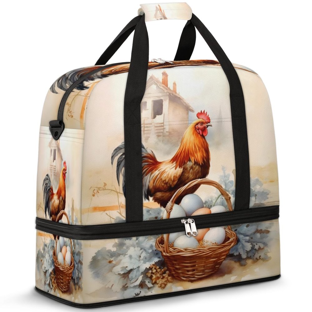 Rooster Cock Easter Eggs Travel Duffel Bag with Foldable Shoe Compartment Shoulder Tote Travel Weekend Bag Sports Gym Overnight Bags
