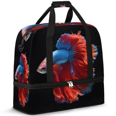 Animal Fighting Fish Travel Duffel Bag with Foldable Shoe Compartment Shoulder Tote Travel Weekend Bag Sports Gym Overnight Bags