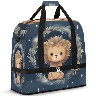 Cute Animal Lion Travel Duffel Bag with Foldable Shoe Compartment Shoulder Tote Travel Weekend Bag Sports Gym Overnight Bags